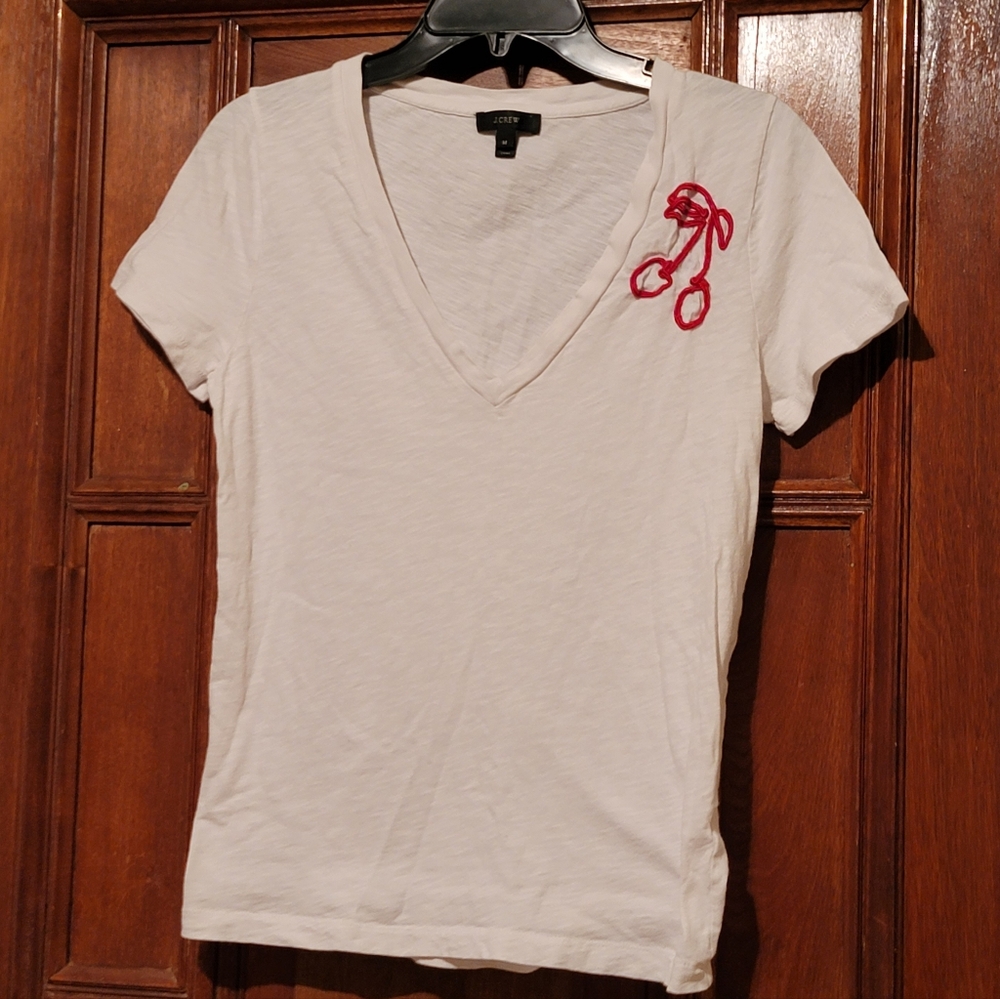J. Crew Embroidered Cherry T-Shirt V-Neck White Size M